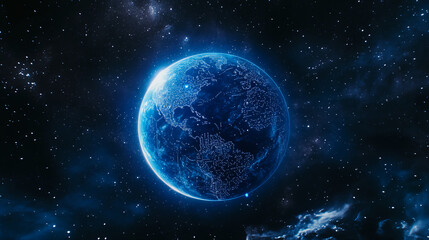 Fototapeta premium A stunning depiction of Earth illuminated with city lights, set against a cosmic background filled with stars and deep space.