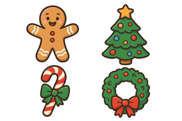 Cute Christmas holiday icon collection. Gingerbread man cookie, Xmas tree, candy cane, and festive wreath. Simple cartoon vector illustration set for seasonal winter decoration.