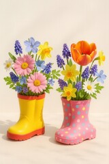 Colorful spring flowers arranged in children's boots with playful composition and soft shadows