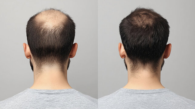 The image compares two views of a man's head showing hair loss on the left and a fuller hairstyle on the right, highlighting hair restoration results.