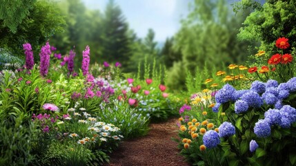 Obraz premium A lively garden bursting with colorful flowers and lush greenery under a soft morning light