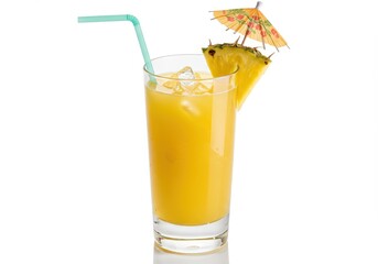 Fototapeta premium A tall glass of vibrant yellow pineapple juice, garnished with a paper umbrella and a pineapple wedge, sits against a pure white background.