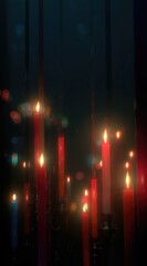 Fototapeta premium Glowing candles in metal holders against a dark backdrop create a dreamy, ethereal ambiance. The lights blur, casting a warm, flickering glow