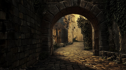 Stone archway frames a sunlit street in an old european town setting view