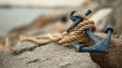 Fototapeta premium Old anchor on rock: An old, weathered anchor with rope lies on rocky surface by the serene ocean. The image evokes feelings of stability, and connection to seafaring history.