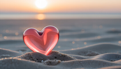 Fototapeta premium Pink Glass Heart in Sand with Bokeh Sunset Light at Beach