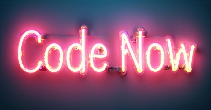 Bright pink neon sign displays words Code Now. Dark background creates strong contrast, emphasizing message. Simple, direct communication.