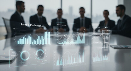 Close-up of office table with digital sales charts in professional meeting.