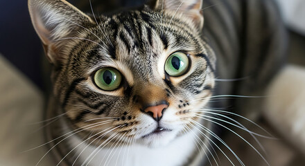 Close up portrait of a curious tabby cat with striking green eyes looking directly at the camera with a soft focus background