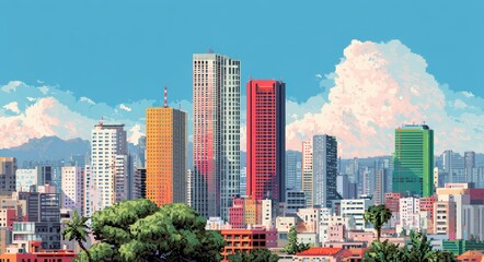 Obraz premium Colorful pixel art of a city skyline with a bright sky
