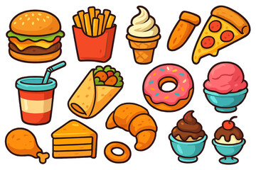 Fast food and dessert icon set. Cute cartoon vector illustrations of burger, pizza, fries, donut, and ice cream. Junk food sticker collection for menu or restaurant design.