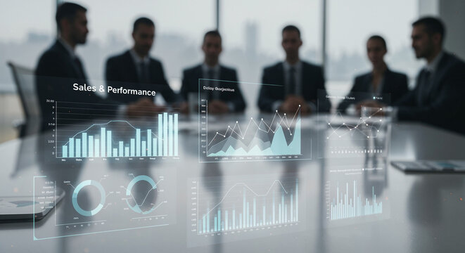 Close-up of office table with digital sales charts in professional meeting.