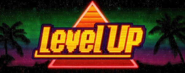 Retro neon 80s-inspired logo with the text Level Up displayed prominently