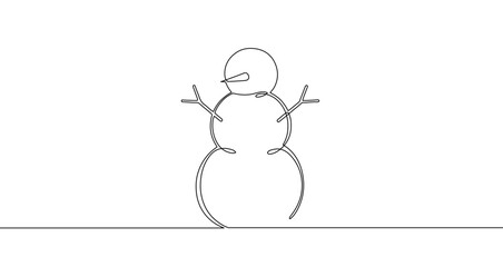 Snowman in one line art style. Snowman drawing with editable black stroke on white background. Vector illustration.