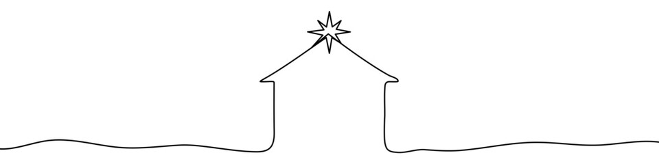 Christmas nativity scene in one line art style. Nativity drawing with editable black stroke on white background. Vector illustration.