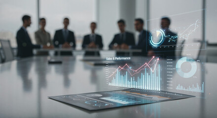 Close-up of office table with digital sales charts in professional meeting.