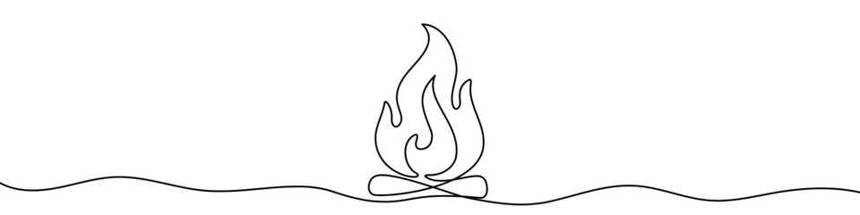 Campfire in one line art style. Campfire drawing with editable black stroke on a white background. Vector illustration.