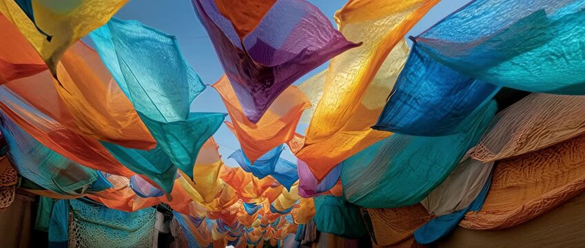 Vibrant tapestry of colorful fabrics flowing under a bright sky with dynamic push-in and tilt-down movement