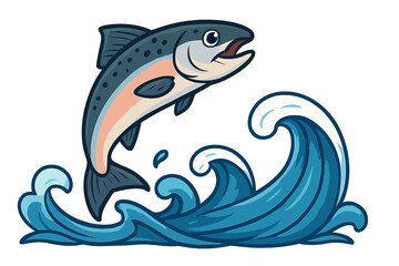 Vibrant salmon leaps over dynamic ocean waves, cartoon vector illustration with transparent background, aquatic wildlife, jumping fish motion, nature and water environment design