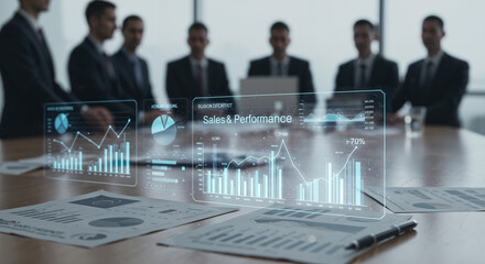 Close-up of office table with digital sales charts in professional meeting.