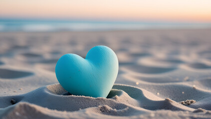 Fototapeta premium Blue Heart in Sand with Pastel Sunset Background