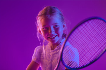 Young Girl Playing Tennis with Racket in Sporty Outfit on Purple Background
