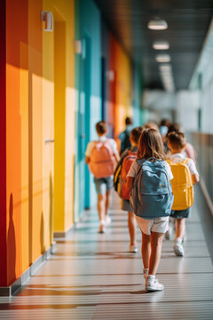 Group of elementary school children with colorful backpacks running enthusiastically through bright modern school hallway with vibrant wall colors, capturing energy of childhood and education