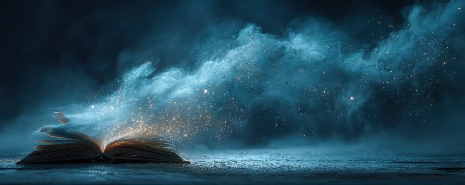 A magical glowing book surrounded by floating sparkling particles in dark atmosphere