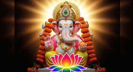Statue of Ganesha with a radiant halo and colorful lotus flower against a dark background