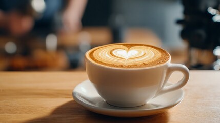 Delicious Cappuccino with Heart-Shaped Latte Art on Wooden Table