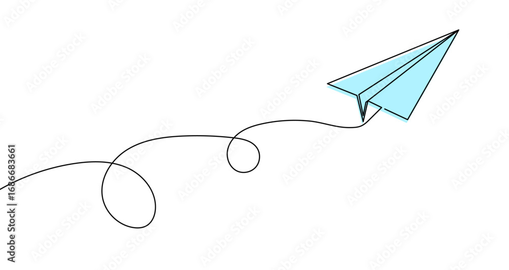 Poster paper airplane with flight path in one line art style. paper plane drawing with color fill and black