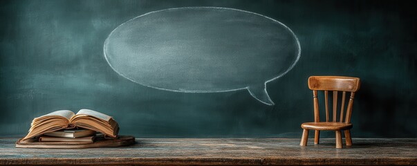 Open book and wooden chair against chalkboard with speech bubble