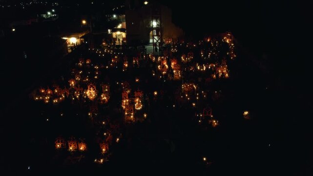 Aerial view of cemetery during the Day of the Dead, a Mexican tradition, Cempasuchil, Marigolds, Arocutin, Michoacan, Mexico