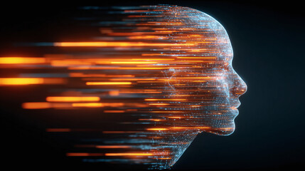Data Flow: Abstract head with light streams, representing connectivity, information processing, and futuristic technology. Digital identity.