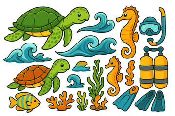 Sea life animal collection. Cartoon vector set with turtle, fish, seahorse, waves, coral. Ocean underwater elements. Scuba diving gear with mask, fins, aqualung illustration.
