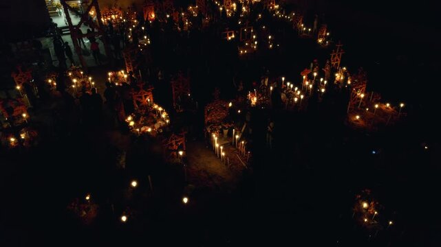 Aerial view of cemetery during the Day of the Dead, a Mexican tradition, Cempasuchil, Marigolds, Arocutin, Michoacan, Mexico