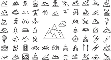 Collection of hand drawn mountain peak icons and symbols for outdoor adventure and travel themes vector
