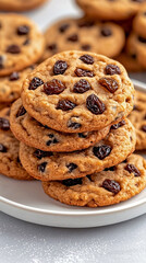 Stack of golden raisin cookies on a white plate with more cookies blurred in the background, concept of homemade baking