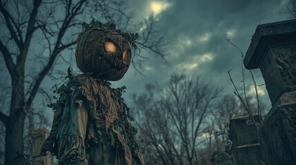 Spooky scarecrow figure with carved pumpkin head in eerie cemetery setting