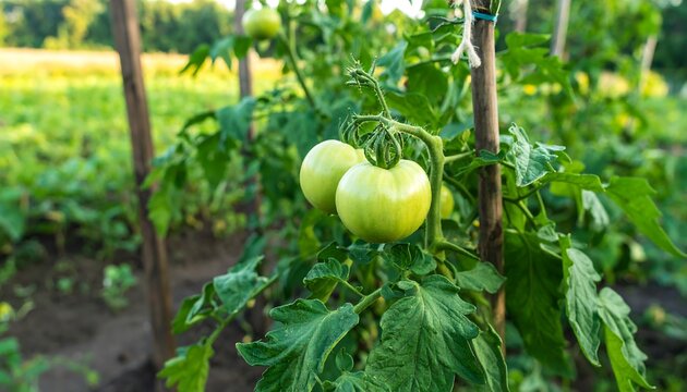 Unripe tomatoes on plant