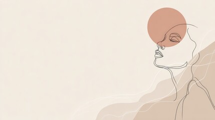 Obraz premium Serene Silhouette: A minimalistic line art illustration depicting a woman's face, with closed eyes, and a soft color palette evokes peace, tranquility and introspection.