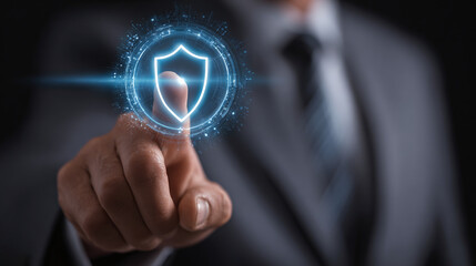 Obraz premium A person in a suit activates a digital shield icon with their finger, representing cybersecurity, data protection, and secure access to information.