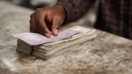 A person s hand delicately places a pink deposit slip atop a large stack of US dollar bills resting on a textured marble surface