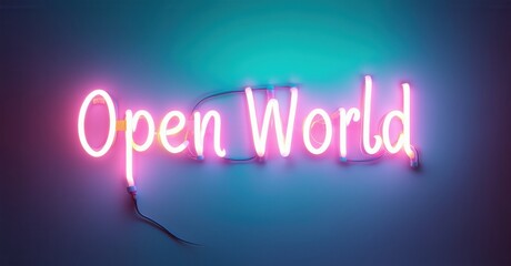 Obraz premium Bright pink neon sign displays Open World against blue gradient wall. Minimalist aesthetic, modern design, captivating illumination.