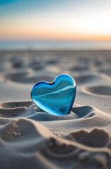 Fototapeta premium Shiny Blue Glass Heart on Sand with Sunset Sky