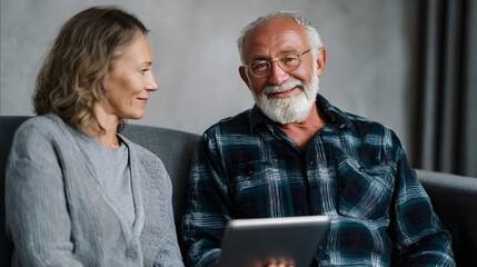 An elderly couple sits on a sofa happily engaged while looking at a tablet device together in a relaxed home environment