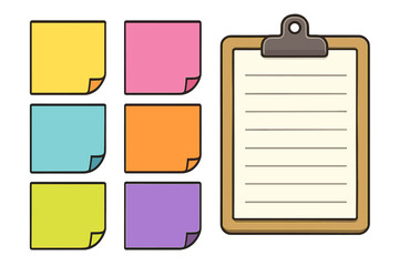 Colorful sticky notes and clipboard set. Vector cartoon illustration of office supplies for reminders, notes, and to-do lists. Memo paper and checklist for organization.