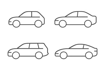 Fototapeta premium Set of car icons in thin line style. Minimalistic vector illustration of different car body types: sedan, coupe, suv, hatchback. Vehicle and transport concept design element.