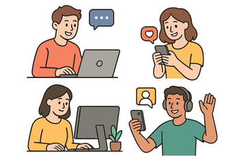 People using digital devices for communication. Man and woman with computer, smartphone for chat, video call, social media like, remote work, content creation. Vector cartoon set.