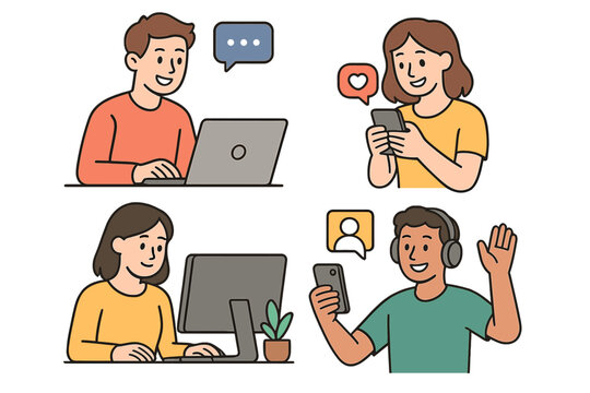 People using digital devices for communication. Man and woman with computer, smartphone for chat, video call, social media like, remote work, content creation. Vector cartoon set.